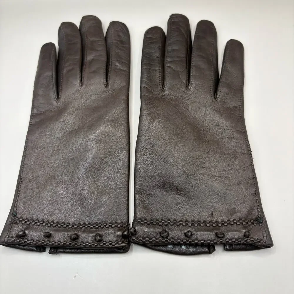 VTG Leather Gloves Sz 7 Brown Knit Fabric‎ Lined Unbranded Braided Embellished
